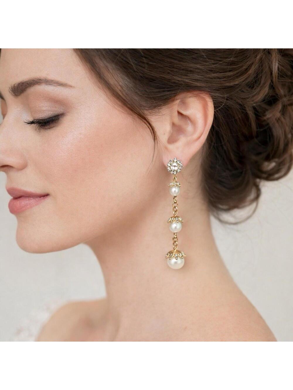 VTG Faux Pearls Rhinestones Gold Tone Dangle Earrings Pierced 3” Bridal Wedding